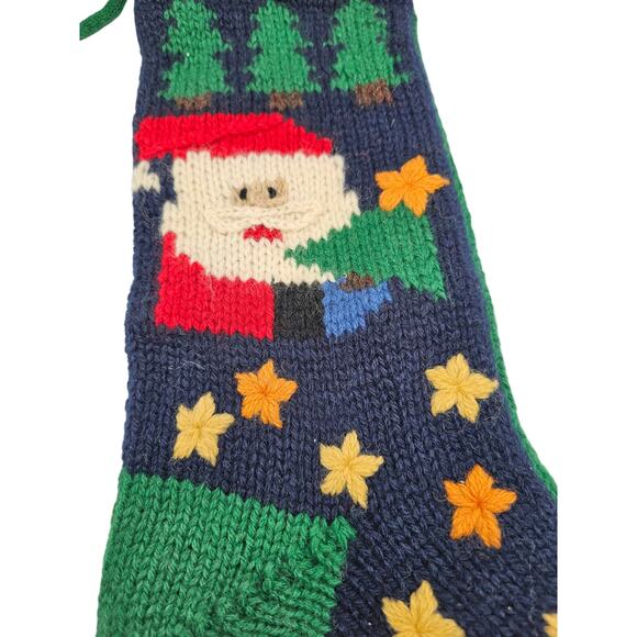 VTG Wool Knit Santa Claus Yellow Stars Green Background Christmas Stocking 19” - Picture 2 of 4